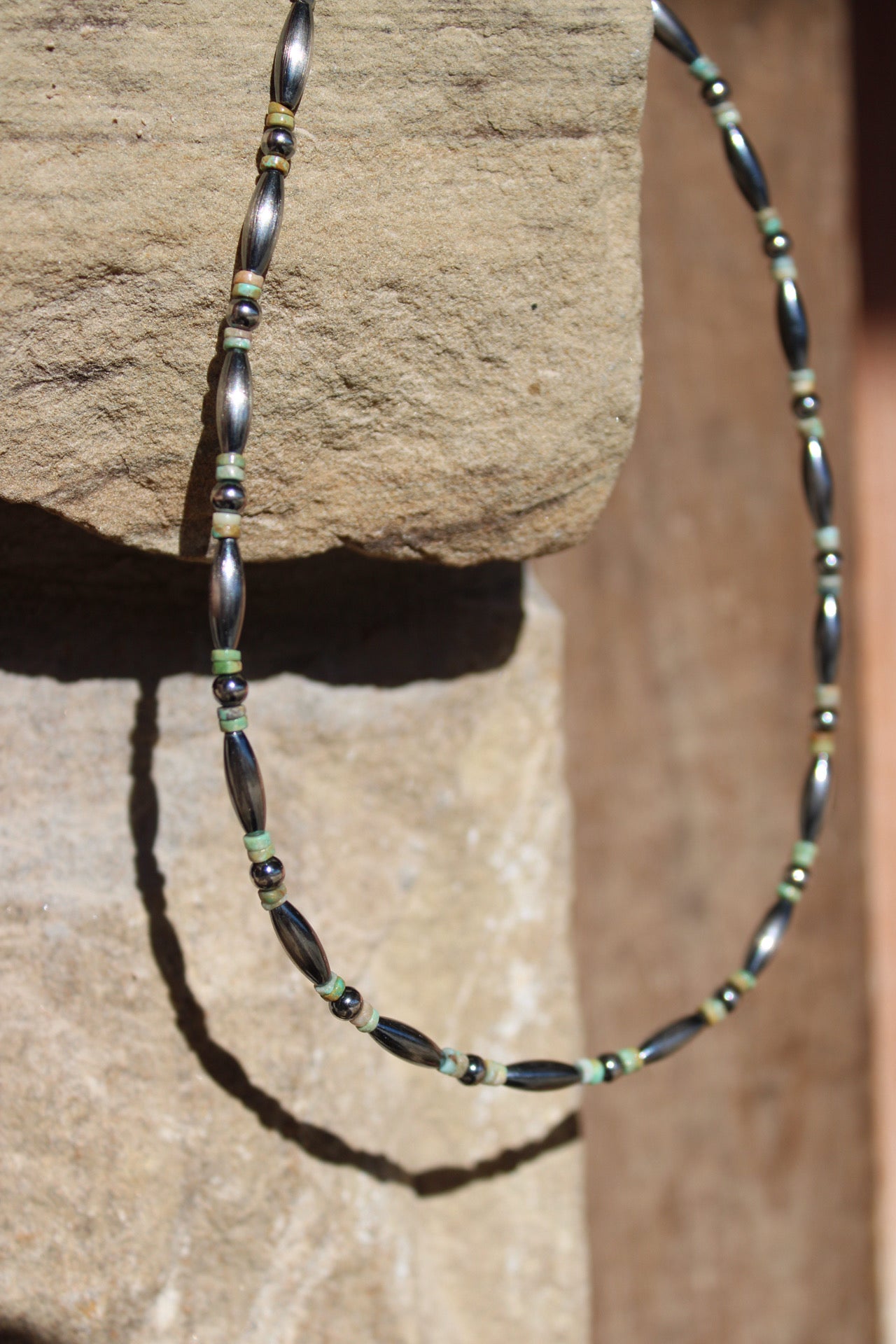 14.5" Torpedo Bead Choker – Sterling Silver Pearls & Green Turquoise
