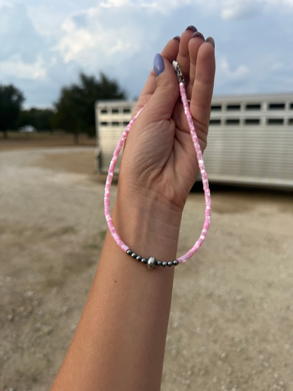 Pink Shell Heishi Necklace – 14"