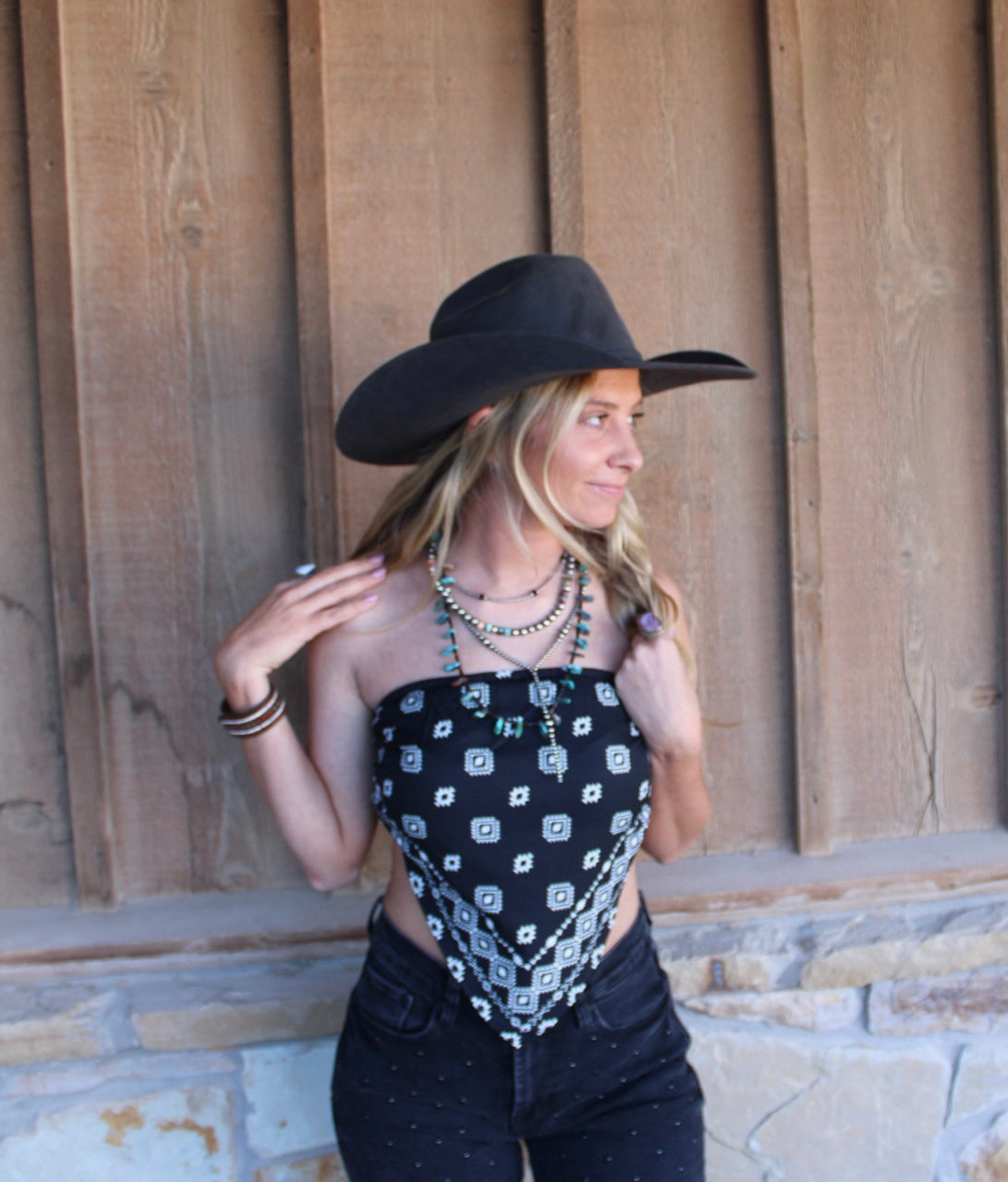 A BLACK Aztec Printed Strapless Bandana Corset Top- lucky & blessed