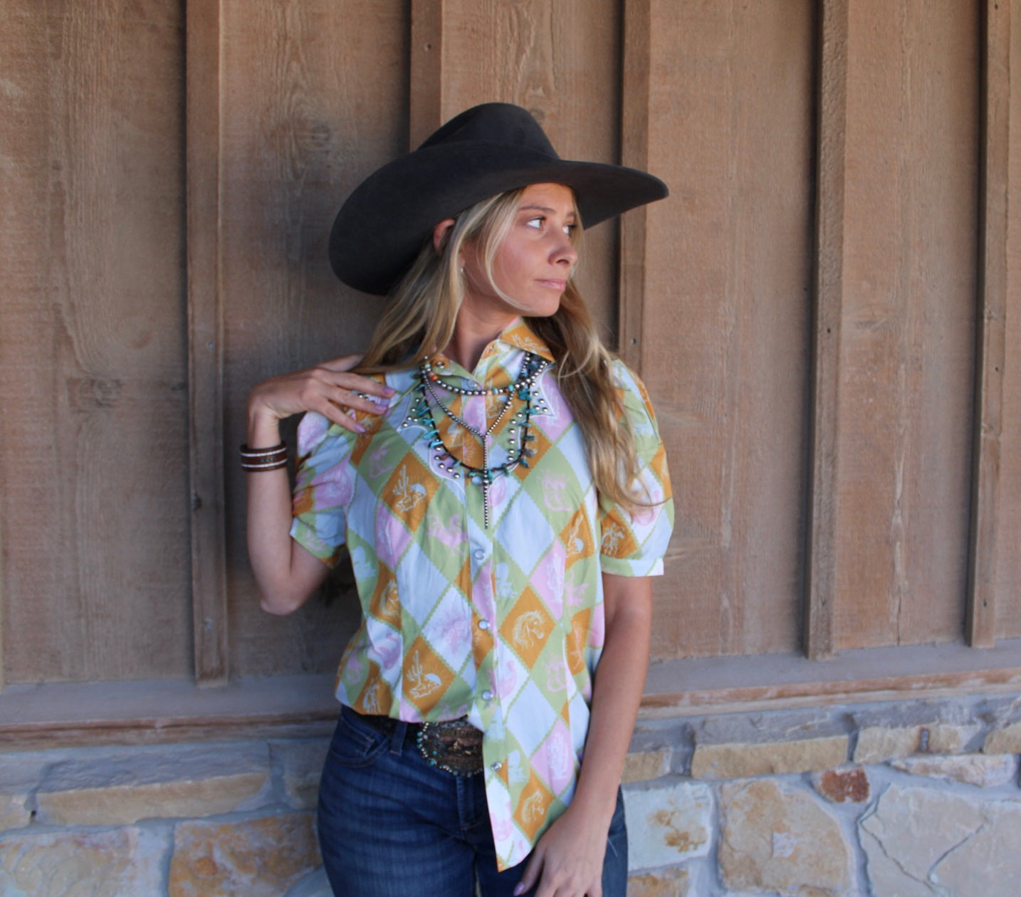 A Checkered Western Printed Puff Sleeve Shirt