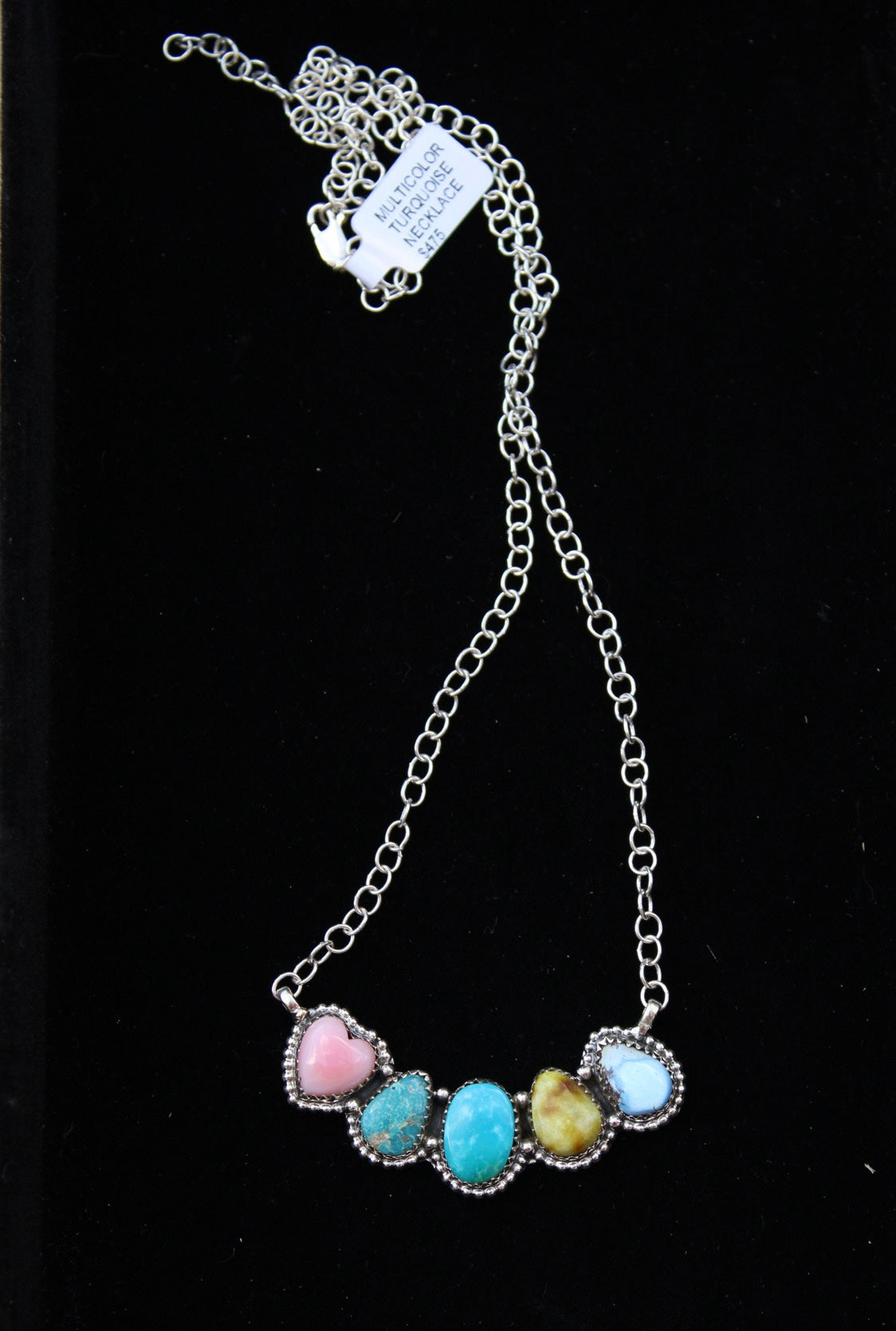 Multi stone necklace- golden hills, Kingman, pink conch