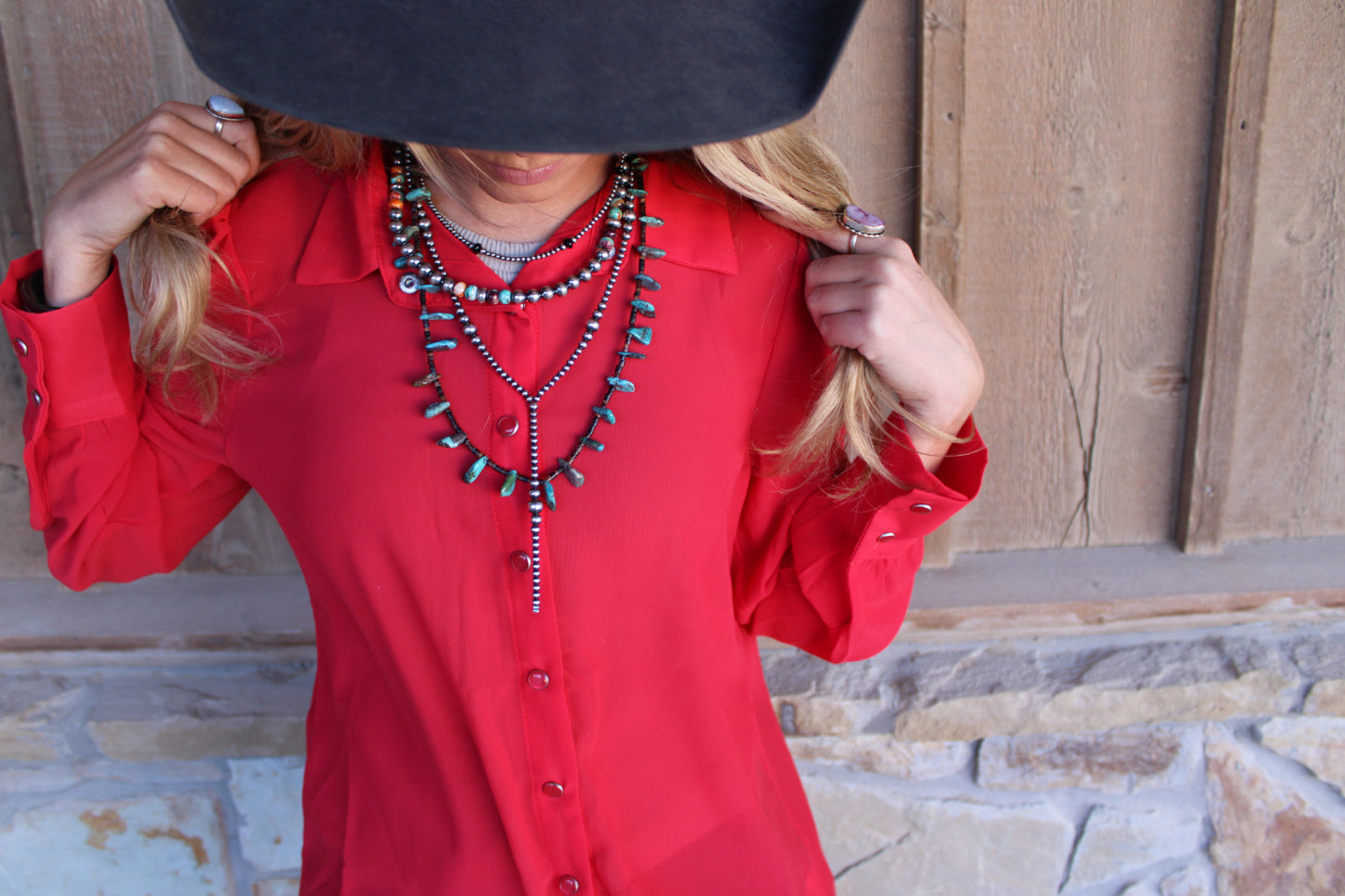 A Red Chiffon Button Down Pearl Snap Puff Collared Shirt