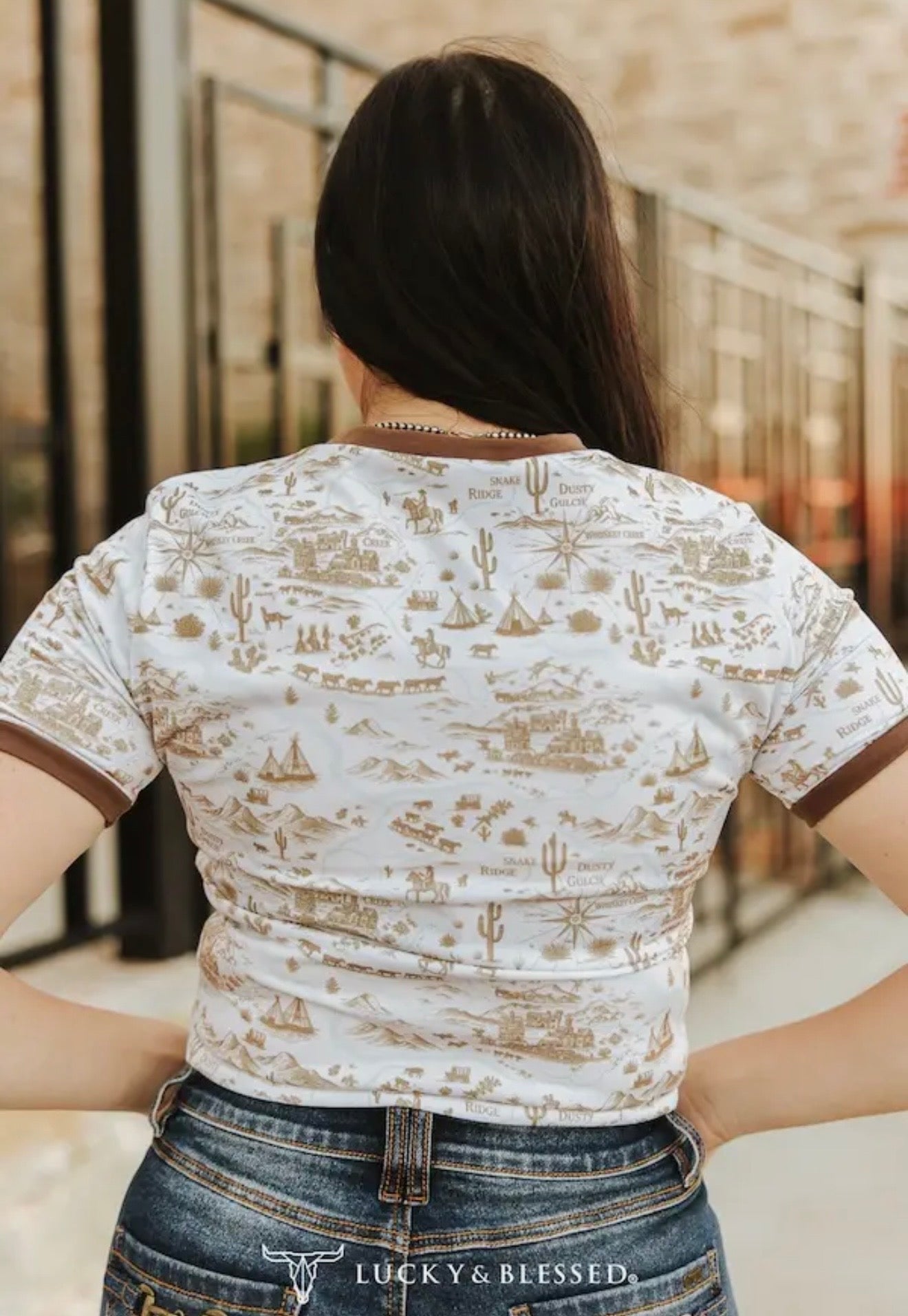 Western printed brown contrast tee