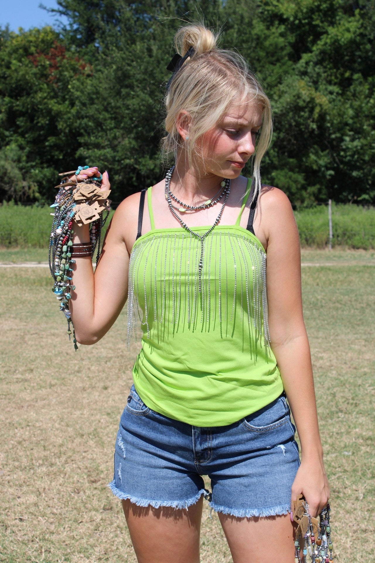 Lime green tank top with rhinestone fringe
