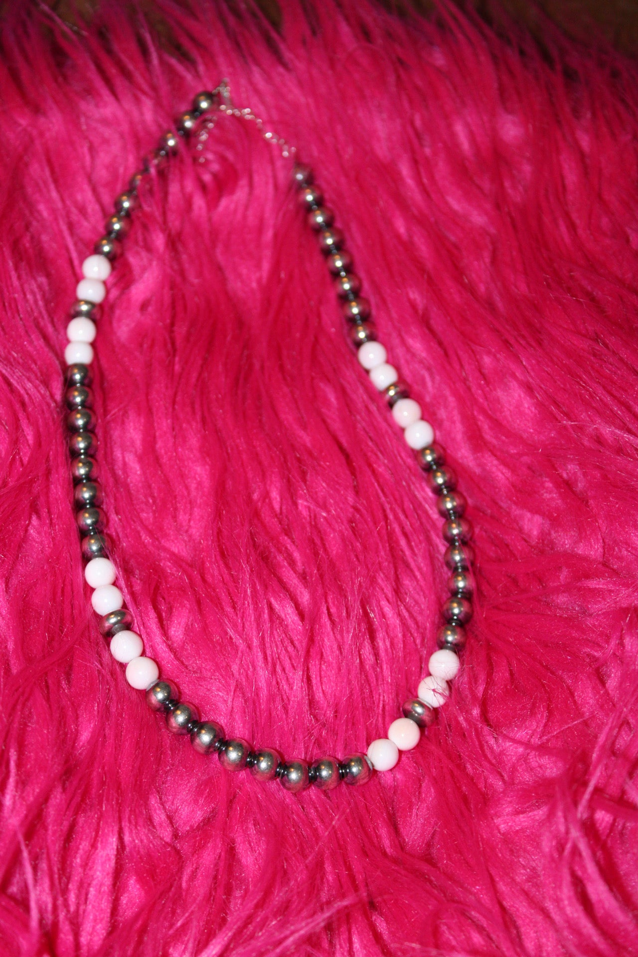 Pink Conch & Sterling Silver Necklace – 8 mm Pearls – 19 Inch + Extender