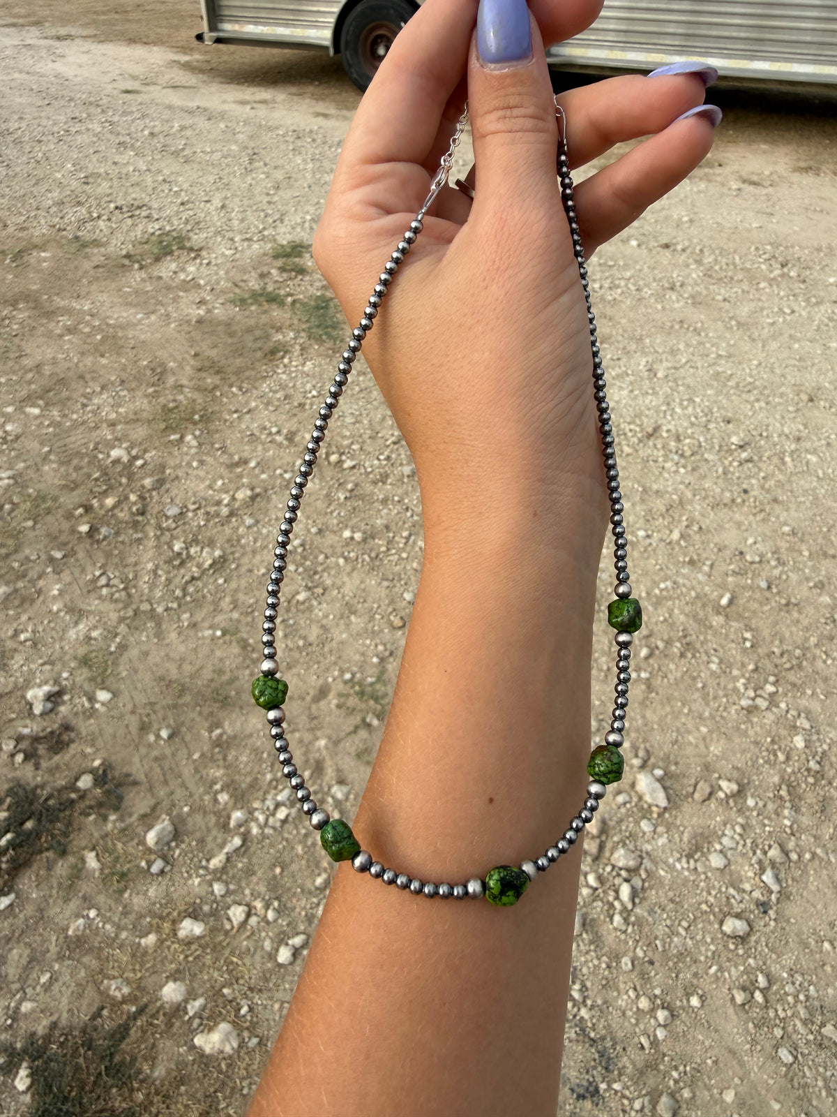 Green Nugget Turquoise & Sterling Silver Pearl Necklace