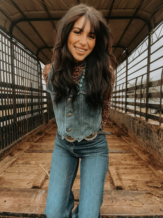 A Classic Mid Wash Button Down Denim Vest