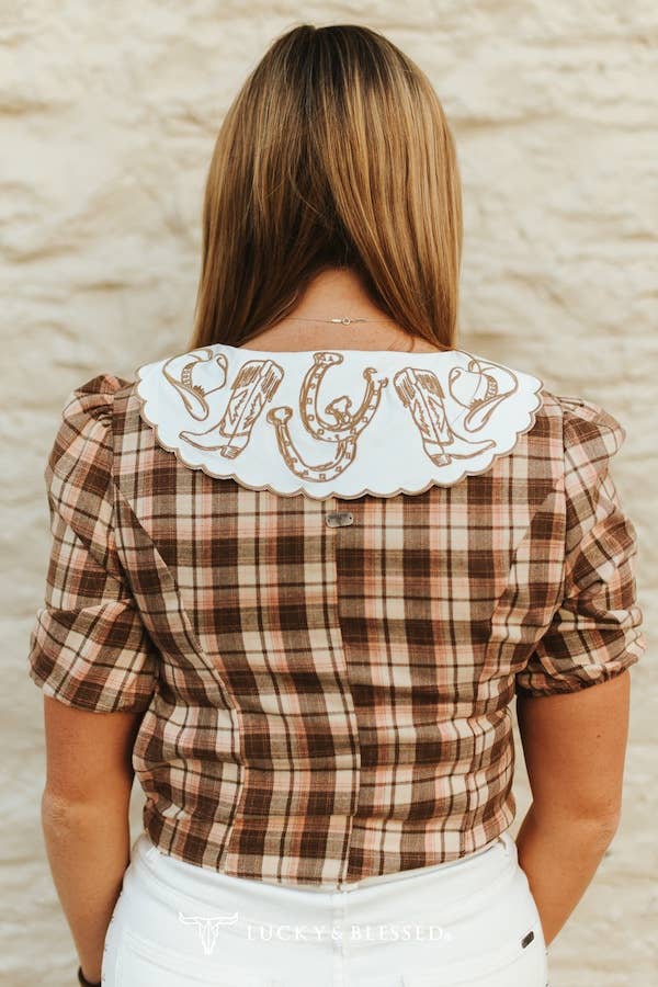 LUCKY & BLESSED Plaid Puff Sleeve Blouse W Embroidered Collared