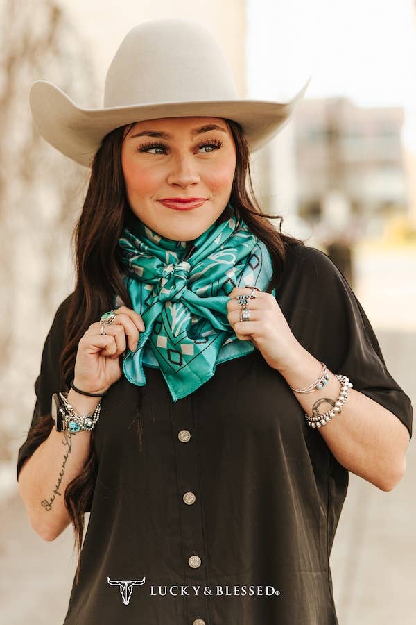 Teal Aztec Horse Printed Wild Rag-lucky & blessed