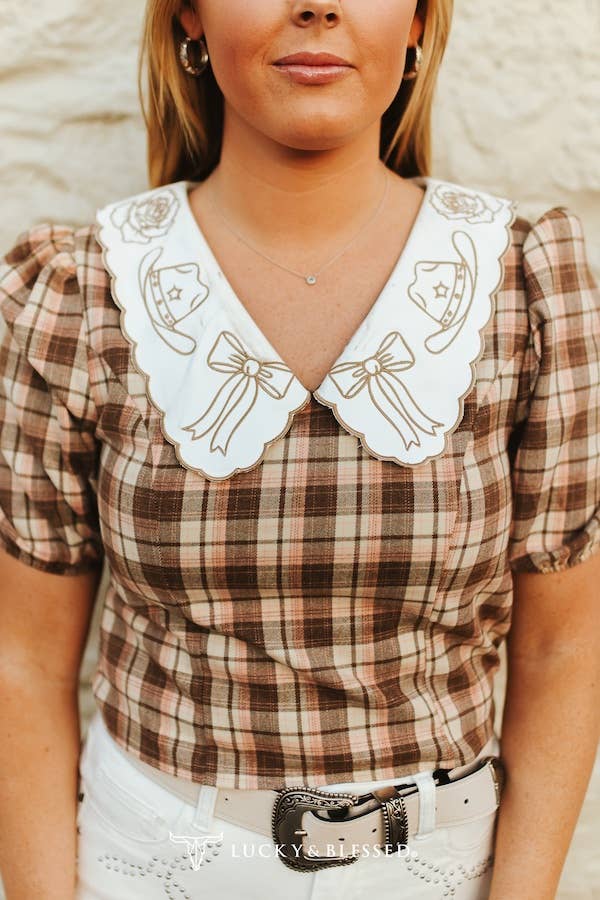 LUCKY & BLESSED Plaid Puff Sleeve Blouse W Embroidered Collared